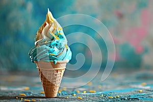 AI generated illustration of a soft-serve ice cream in a crisp cone, swirled with a dreamy blue hue