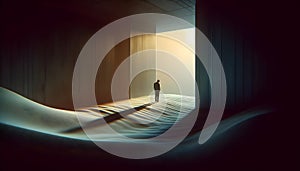 a man standing in the dark on top of a wooden floor