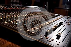 AI generated illustration of a sound board with an array of knobs and buttons for music production