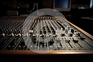 AI generated illustration of a sound board with an array of knobs and buttons for music production