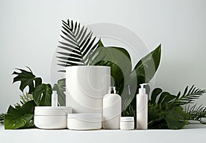 AI-generated illustration of spa supplies with green leaves isolated on a white background