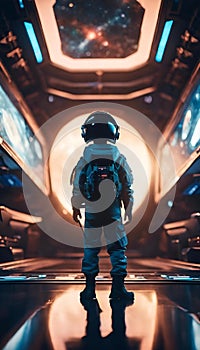 a spaceman in spacesuit looking out towards the distant sky