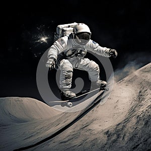 AI generated illustration of a space explorer in a white suit skateboarding down a steep incline