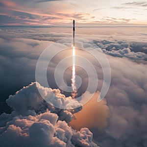 AI-generated illustration of a space rocket ascending above clouds at sunrise
