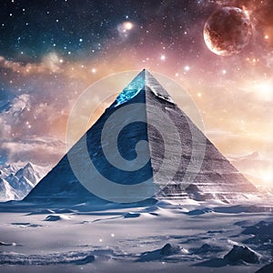 AI generated illustration of a space scene with a pyramid with planets in the background