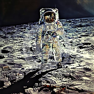 AI generated illustration of A space-suited astronaut on the lunar surface