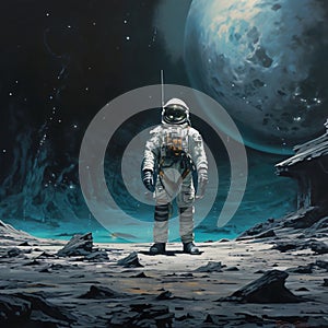 AI generated illustration of A spaceman standing on the lunar surface