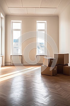 AI generated illustration of a spacious interior with stacks of cardboard boxes on the floor