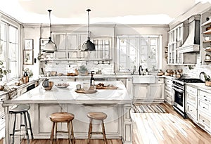 AI generated illustration of a spacious kitchen with ample storage, counters, and chairs