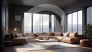 AI generated illustration of a spacious living room with panoramic mountain views and sunlight