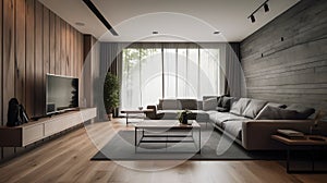 AI generated illustration of a spacious living room with warm wooden walls and a modern decor style