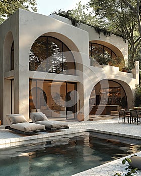 AI generated illustration of a spacious outdoor patio with adjacent pool by the house