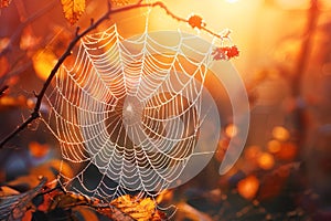 AI generated illustration of a spider web on a tree at sunset