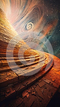 AI generated illustration of a spiral staircase leading up to a bright light in the sky