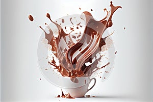 AI generated illustration of splash of hot chocolate in a white mug isolated on a white background