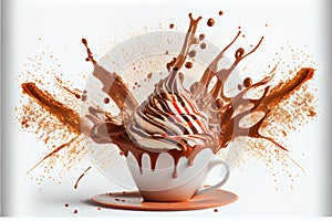 AI generated illustration of splash of hot chocolate in a white mug isolated on a white background