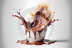 AI generated illustration of splash of hot chocolate in a white mug isolated on a white background