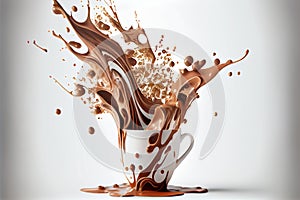 AI generated illustration of splash of hot chocolate in a white mug isolated on a white background