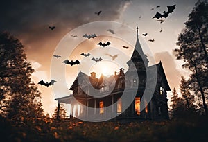 AI generated illustration of a spooky Halloween haunted house against the orange sky of dusk