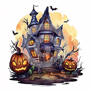 AI generated illustration of a spooky Halloween haunted house with pumpkins displayed on the lawn