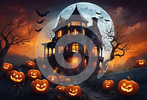 AI generated illustration of a spooky Halloween scene featuring a cozy house surrounded by pumpkins