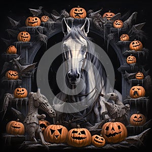 AI generated illustration of a spooky Halloween scene featuring a horse and pumpkins