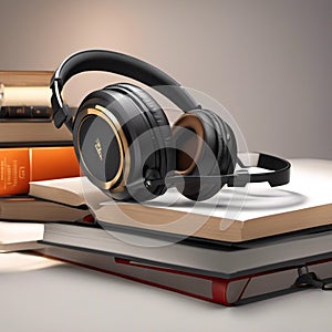 AI generated illustration of a stack of books and a pair of headphones placed on a book