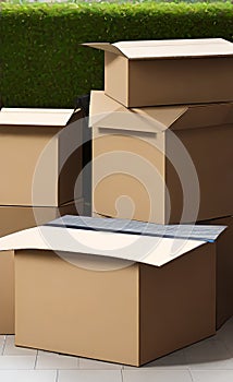 AI generated illustration of a stack of boxes in a garden