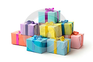 AI generated illustration of a stack of colorful gift boxes on a plain background