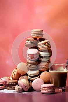 AI generated illustration of a stack of macarons on a pink background