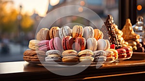 AI generated illustration of a stack of macarons on a windowsill