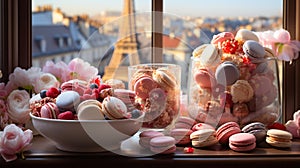 AI generated illustration of a stack of macarons on a windowsill in Paris
