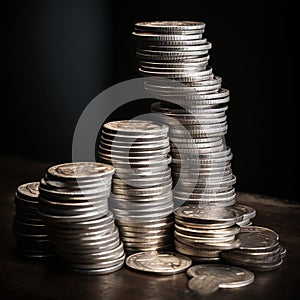 AI generated illustration of a stack of silver coins, glinting against a dark background