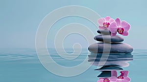 AI generated illustration of a stack of smooth rocks over a pond with orchids