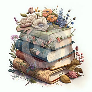 AI generated illustration of a stack of vintage books with flowers