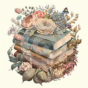 AI generated illustration of a stack of vintage books with flowers