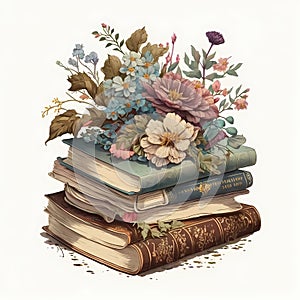 AI generated illustration of a stack of vintage books with flowers