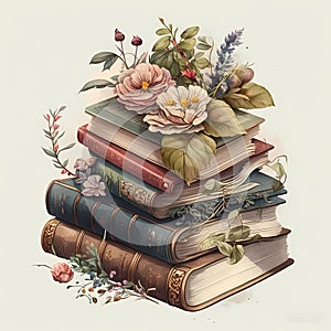 AI generated illustration of a stack of vintage books with flowers