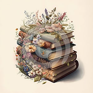 AI generated illustration of a stack of vintage books with flowers