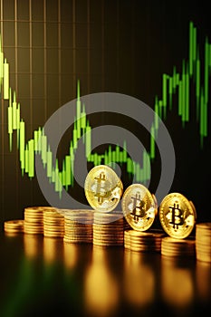AI generated illustration of stacks of bitcoins against virtual graphs