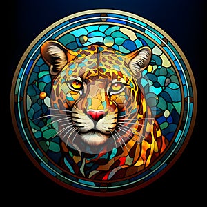AI generated illustration of a stained glass portrait of a leopard against an abstract background