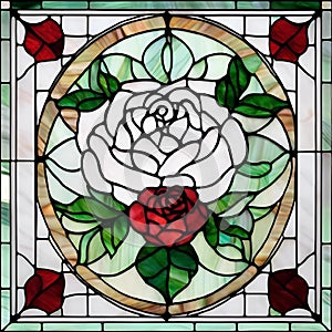 AI-generated illustration of a stained glass rose encircled by foliage