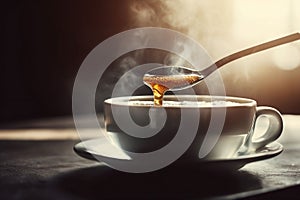AI generated illustration of A stainless steel spoon with honey being pored in a white cup