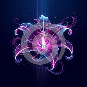 AI generated illustration of a stargazer lily flower with vibrant purple laser-trailed petals