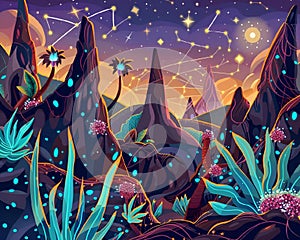 AI generated illustration of a starry night sky with cacti, mountains, and constellation lights