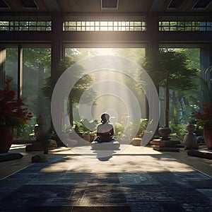 AI generated illustration of a statue seated in a meditative pose on a wooden floor photo