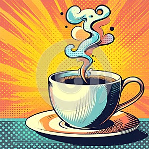 AI generated illustration of a steaming cup of freshly brewed coffee, with a orange background