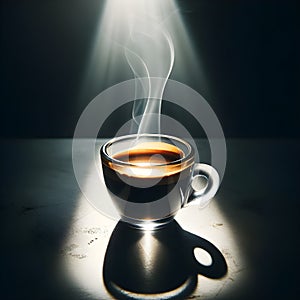 AI generated illustration of a steaming cup with rising steam in a dark setting