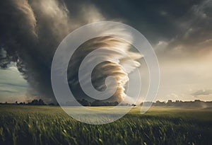 AI generated illustration of a storm approaching over a vibrant green field with dramatic clouds