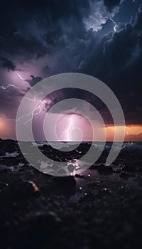 AI generated illustration of stormy night at sea with lightning striking rocks